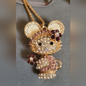 Gold-Tone Pink Crystal Cat Pendant Necklace